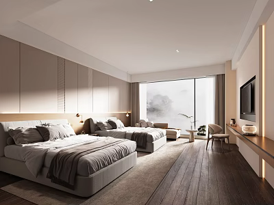 Hotel Guest Room with Two Double Beds LED Lights Floor-to-Ceiling Windows Mountain View Wooden Flooring 3d model