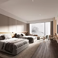 Hotel Guest Room with Two Double Beds LED Lights Floor-to-Ceiling Windows Mountain View Wooden Flooring