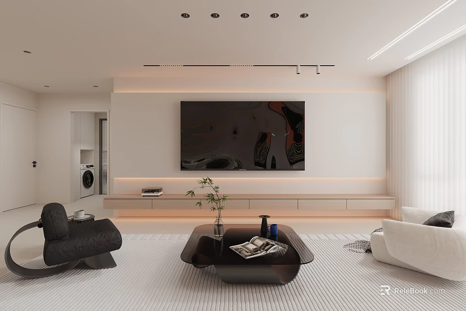 Modern Living And Dining Area Interior With TV Wall Black White Sofas And Coffee Table 3d model