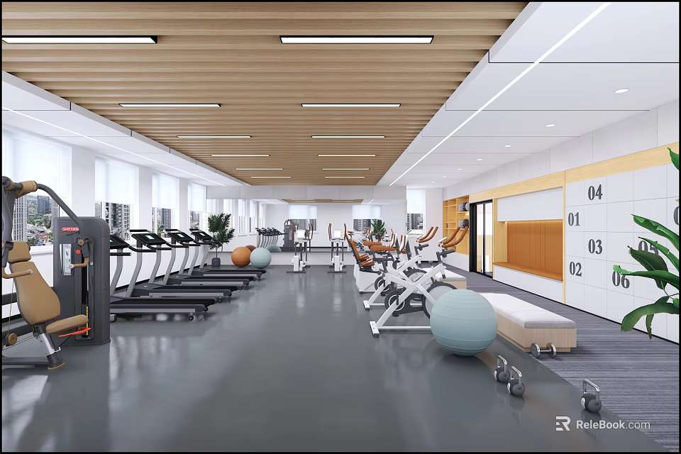 Modern Gym Workout Space With Treadmills Exercise Bikes Dumbbells Fitness Ball And Wooden Ceiling 3d model 