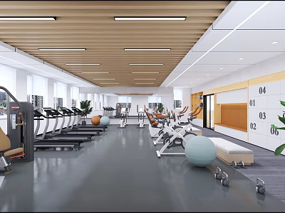 Modern Gym Workout Space With Treadmills Exercise Bikes Dumbbells Fitness Ball And Wooden Ceiling 3d model