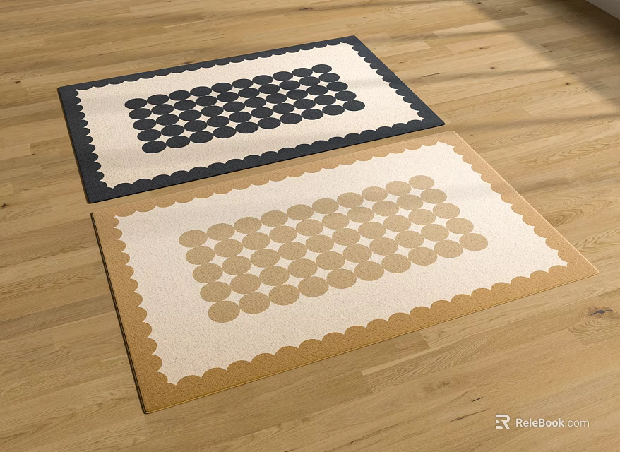 Modern Square Rugs with Scalloped Edges Black White Beige Dot Patterns on Wooden Floor 3d model 