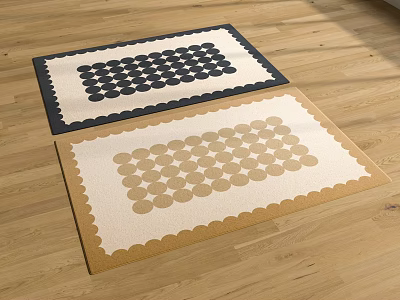 Modern Square Rugs with Scalloped Edges Black White Beige Dot Patterns on Wooden Floor 3d model