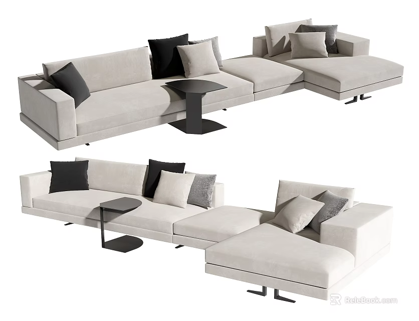 Modern Light Colored Sectional Sofa With Black Gray Cushions And Small Side Table 3d model