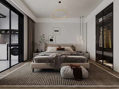Modern Bedroom Interior Design With Bed Circular Pendant Light Rug And Glass Wardrobe 3d model