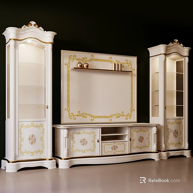 Elegant Classical TV Background Wall With White Cabinets Golden Patterns And Display Units 3d model 