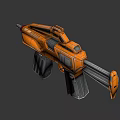 Futuristic Orange Machine Gun with Multiple Barrels Mechanical Parts and Modern Design