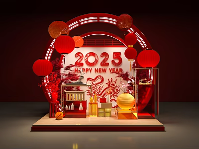 2025 Happy New Year Floral Decor with Red Lanterns Circular Arch and Flower Arrangements 3d model