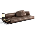 Brown Leather Sectional Sofa with Plush Pillows and Modern Side Table Lamp 3d model