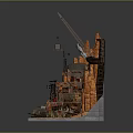Scenic Red Rock Landscape With Waterfall Mechanical Crane And Multi Level Buildings