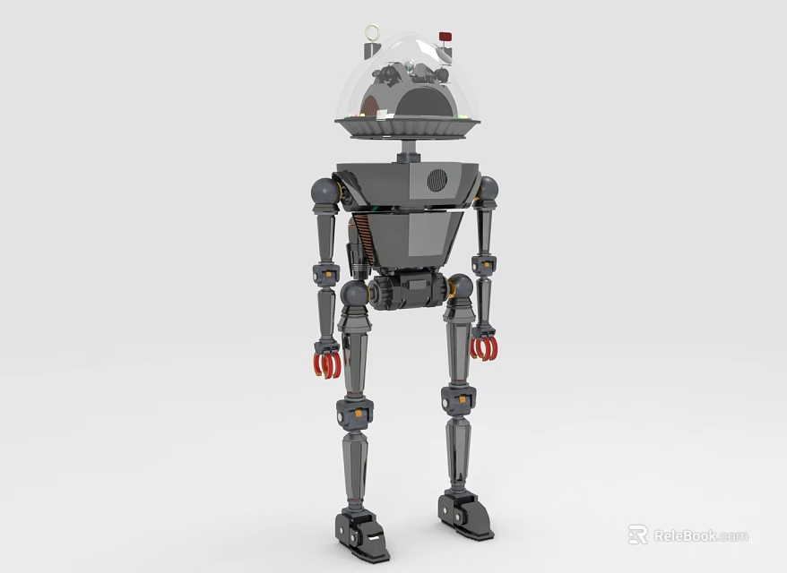 Detailed Gray Mechanical Robot With Transparent Head Dome Red Hands And Standing Posture 3d model 