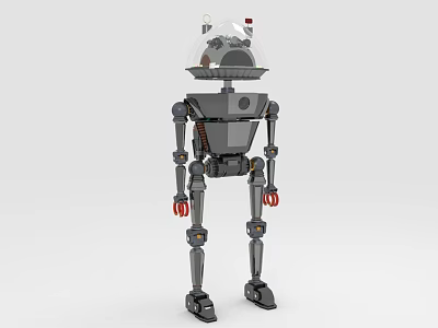 Detailed Gray Mechanical Robot With Transparent Head Dome Red Hands And Standing Posture 3d model