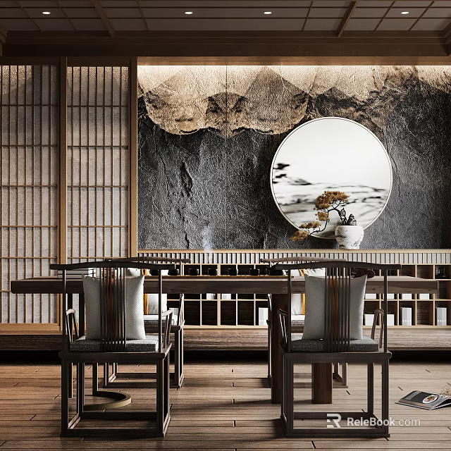Elegant Traditional Tea Table and Chairs with Wooden Lattice Circular Painting and Landscape Backdrop 3d model 
