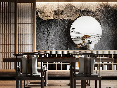 Elegant Traditional Tea Table and Chairs with Wooden Lattice Circular Painting and Landscape Backdrop 3d model