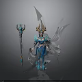 Fantasy Female Character With Blue Silver Armor Horned Head And Transparent Wings