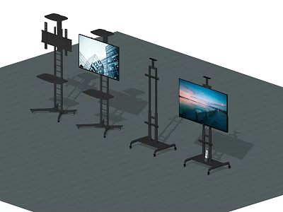 Modern TVs On Black Floor Stands Displaying Scenery And Landscape Screens 3d model