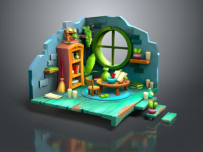 Cartoon Cozy Room With Wooden Shelf Round Window Green Vines Small Table Chair And Potted Plants 3d model