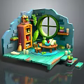 Cartoon Cozy Room With Wooden Shelf Round Window Green Vines Small Table Chair And Potted Plants