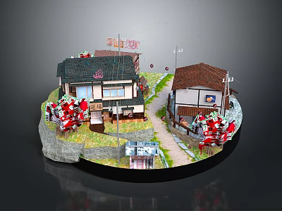 Cartoon Style Japanese Village Scene With Traditional Houses Pathway And Red Decorations 3d model
