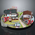 Cartoon Style Japanese Village Scene With Traditional Houses Pathway And Red Decorations