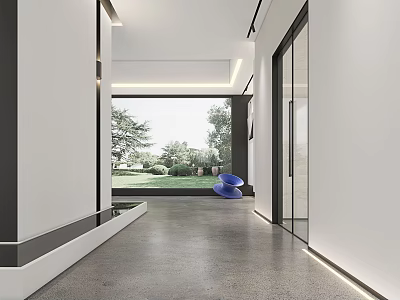 Modern Exhibition Hall Corridor With White Walls Glass Doors Gray Floor And Blue Sculpture 3d model
