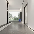 Modern Exhibition Hall Corridor With White Walls Glass Doors Gray Floor And Blue Sculpture