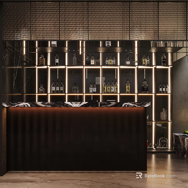 Contemporary Bar Interior With Backlit Shelves Full Of Liquor Bottles 3d model 