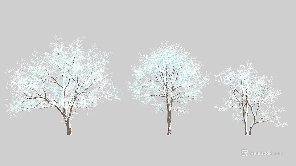 Three Snow Covered Arbor Trees With White Branches On Gray Background 3d model 