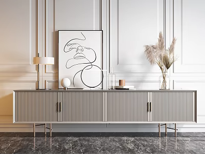 Modern TV Stand Vertical Slat Panels Metal Legs Line Art Table Lamp Dried Pampas Grass 3d model