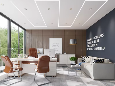 Modern Office Interior With Large Windows Wooden Walls Desk Brown Chairs Sofa And Green Plants 3d model
