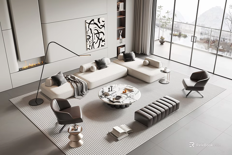 Modern L Shaped Sofa And Coffee Table Set With Floor Lamp Armchairs Area Rug And Artwork 3d model 