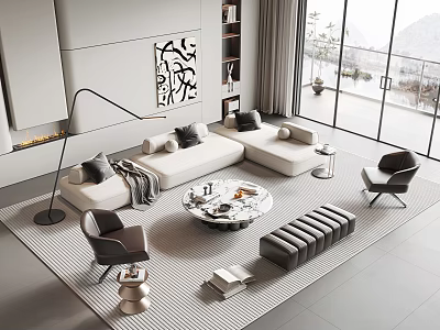 Modern L Shaped Sofa And Coffee Table Set With Floor Lamp Armchairs Area Rug And Artwork 3d model