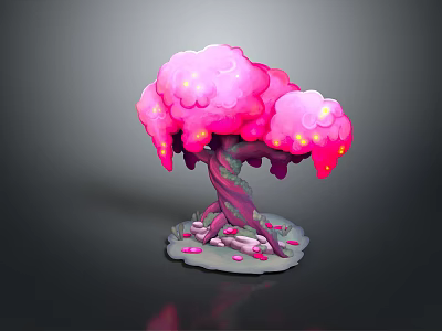 Pink Cloud Like Tree With Purple Trunk And Dripping Pink Substance At Base 3d model