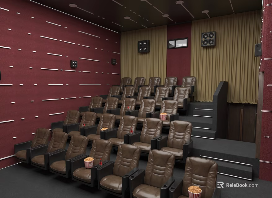 Cinema Interior With Red Walls Brown Leather Seats Steps And Popcorn Buckets 3d model 