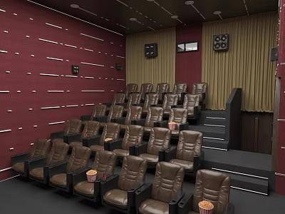 Cinema Interior With Red Walls Brown Leather Seats Steps And Popcorn Buckets 3d model