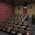 Cinema Interior With Red Walls Brown Leather Seats Steps And Popcorn Buckets