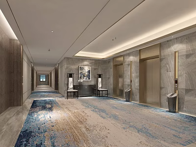 Modern Elevator Corridor With Marble Walls Carpeted Floor And Ceiling Light Strips 3d model
