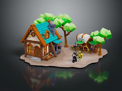 Lego Style Small Cottage With Blue Roof Green Trees Cart And Minifigures 3d model