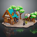 Lego Style Small Cottage With Blue Roof Green Trees Cart And Minifigures
