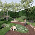 Spacious Children's Play Area With Green Lawn Trees And Animal Themed Play Equipment