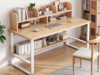 Wooden Desk With Shelf Books Photo Frame Potted Plant Alarm Clock And Laptop 3d model