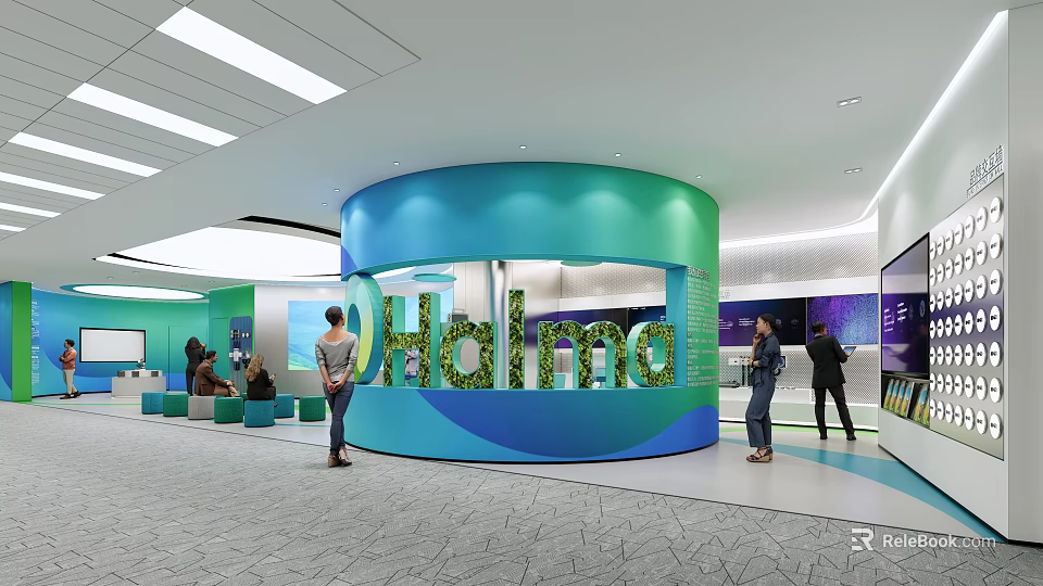 Holma Exhibition Hall Interior Featuring Curved Display Wall Visitors And Digital Screens 3d model 