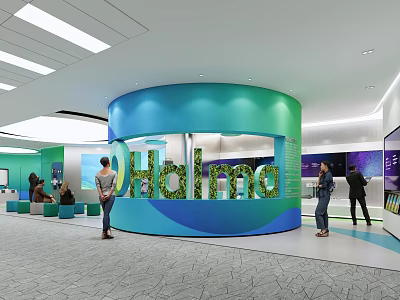 Holma Exhibition Hall Interior Featuring Curved Display Wall Visitors And Digital Screens 3d model