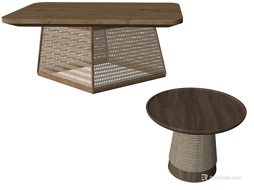 Modern Wooden Coffee Tables With Woven Base Rectangular And Round Designs 3d model 