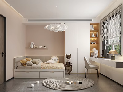 Tatami Bedroom Interior With Cozy Pillows White Wardrobe Bookshelf Desk Chair Round Rug And Blinds 3d model