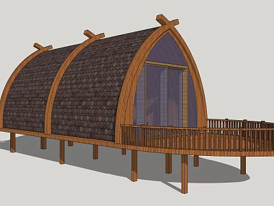 Wooden Curved Roof Structure With Tiled Roof And Wooden Deck Platform 3d model
