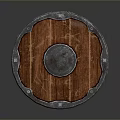 Vintage Wooden Shield With Metal Rim And Central Metal Boss Design