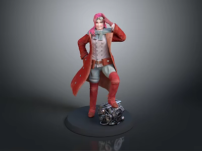 Pink Haired Character in Red Coat with Mechanical Creature on Black Base 3d model