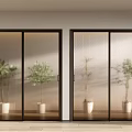 Modern Sliding Doors With Black Frames Glass Panels And Green Plants In Interior 3d model