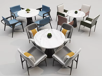 Modern Round Marble Dining Table Sets With Different Colored Cushioned Chairs 3d model